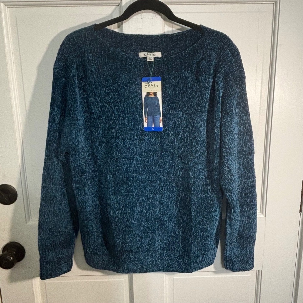 Orvis Womens Chenille Sweater Teal Blue Boat Neck Long Sleeve Pullover Large NWT